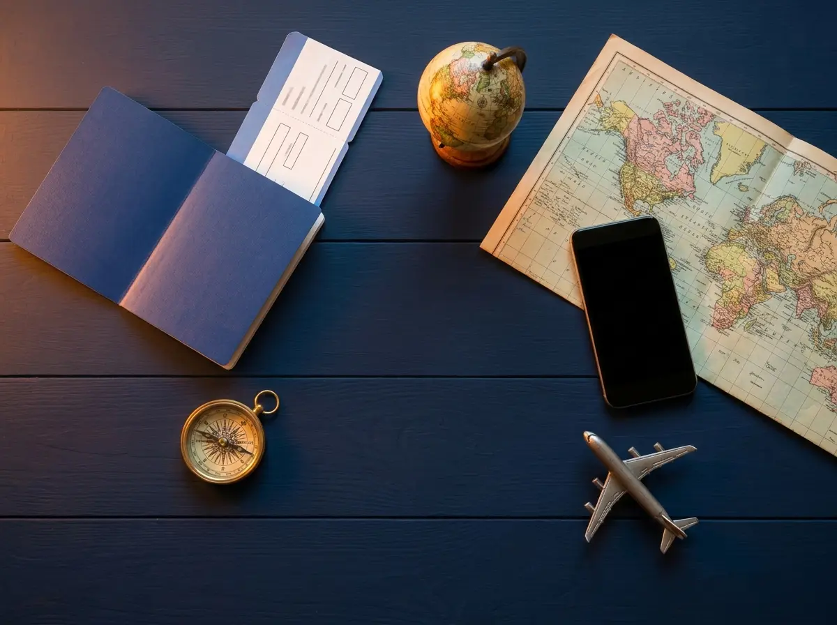 Passport, boarding pass, globe, world map and toy airplane laid out for travel planning